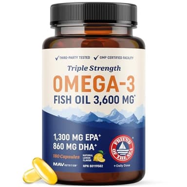 Triple Strength Omega 3 Fish Oil 3600 mg | EPA & DHA | Over 2100mg Omega-3 Fatty Acids | 1300mg EPA + 860mg DHA | Best Essential Fatty Acids | Premium Wild Caught & Burpless Fish Oil | 180 Ct