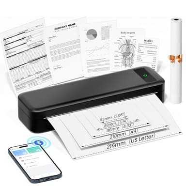 Portable Thermal Printer, Bluetooth Portable Printers Wireless for Travel, Small Inkless Printer for Phone Laptop, Support 8.5" X 11" & A4 Thermal Paper, Compact Mobile Printer for Office Home School