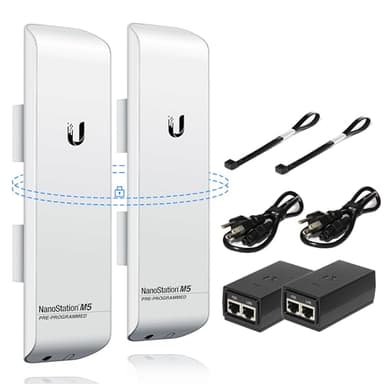 Wireless Bridge Ubiquiti NanoStation M5 PRE-CONFIGURED Bundle of 2 Ubiquiti airMAX NSM5-US, Point to Point Outdoor WiFi Bridge, Plugh and Play, 5GHz, 150+Mbps, 15+km Link Range, Network WiFi Bridge.