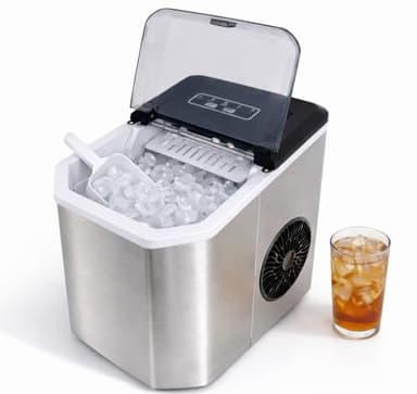Angel Canada Countertop Ice Maker, Portable Stainless Steel Machine with Scoop Holder, Self-Cleaning, 26Lbs in 24Hrs, 9 Cubes in 6 Mins, 2 Sizes of Bullet Ice Cubes for Home Office Camping Boating RV