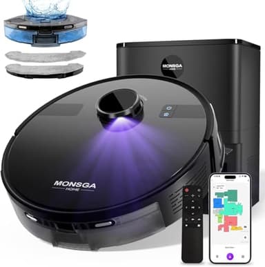 MONSGA Robot Vacuums and Mop with Self-Emptying, 6000Pa Powerful Suction, Lidar Navigation, Home Mapping, Smart No-Go Zone, 180mins Runtime, Vacuums for Pet Owners, Hard Floor, Carpet