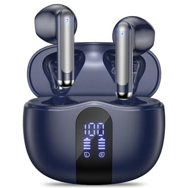 Wireless Earbuds, Bluetooth 5.4 Bass Stereo Headphones with 4 ENC Mic, 50H Playback Ear Buds with Charging Case LED Display,Sport Earphones IPX7 Waterproof for Phone, Android, Pad, Blue