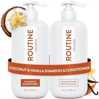 Routine Wellness Shampoo & Conditioner Set - Strengthens Dry Damaged Hair - Promotes Full, Voluminous, Healthy Hair - Coconut & Vanilla (Pack of 2)