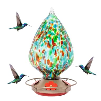 MEKKAPRO Glass Hummingbird Feeder, Hanging Hummingbird Feeders for Outdoors, 4 Feeding Ports, Glass Hummingbird Feeders for Outdoors Hanging, Includes S-Hook and Cleaning Brush (Waterdrop, Green)