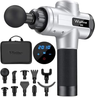 Muscle Massage Gun Deep Tissue Percussion Massager - Portable Handheld Sport Massagers for Athletes, Super Quiet & Powerful Brushless Motor Cordless, 20 Speed Level,Wattne W2 (Silver)