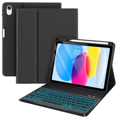 Keyboard Case for iPad (A16) 11th/10th Generation 10.9 Inch (2025/2022), Detachable Folio Keyboard Cover with 7 Colors Backlit Wireless Keyboard Pencil Holder