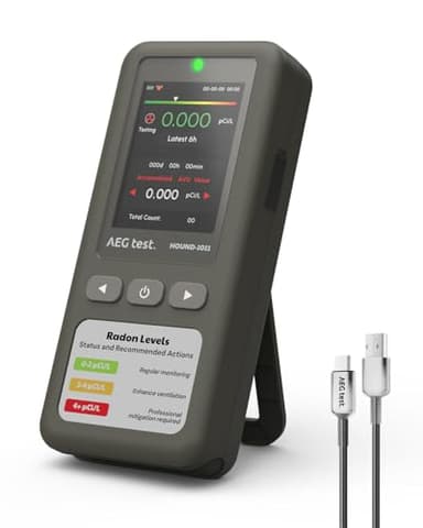 AEGTEST HOUND-1011 Portable Radon Detector for Home, Lightweight, High-Accuracy Sensor, 45-Day Monitoring, Easy-to-Use Radon Tester for Short- & Long-Term in pCi/L or Bq/m³, for Basement – Gray