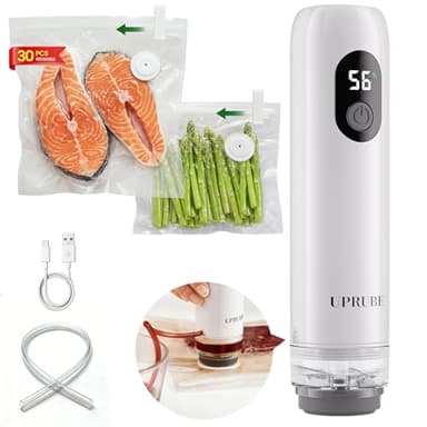 UPRUBE Compact Vacuum Sealer for Food (Vacuum Sealer Machine + 30 Reusable Vacuum Bags), Powerful Handheld Food Vacuum Sealer Machine with LED Display & Liquid Drainage Tube, Portable Food Sealer