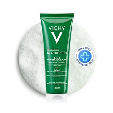 Vichy Normaderm 3-in-1 EXFOLIATING scrub, face cleanser and skin care face mask. Face wash for oily skin & sensitive skin, with salicylic acid & glycolic acid, 125ML