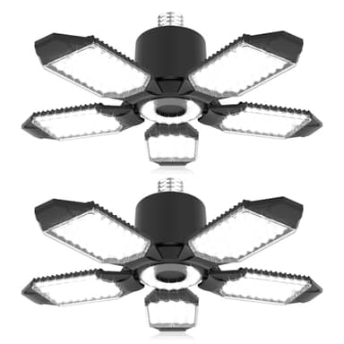 LED Garage Lights Bulb 2 Pack, 150W 15000LM Shop Lights, 6500K Daylight Ceiling Lights with 5+1 Deformable Panels, E26/E27 Light Bulbs for Garage, Basement, Workshop, Barn, Warehouse