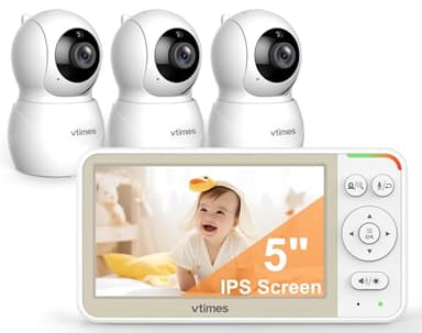 VTimes Baby Monitor with 3 Cameras, 5'' Screen Video Baby Monitor No WiFi, Remote Pan-Tilt-Zoom VOX, Two-Way Talk, Infrared Night Vision, Temperature Display, Alarm 8 Lullabies 1000ft