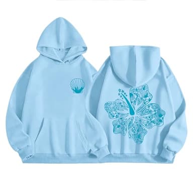 Lubpow Cute Pink Hoodie Kids Girls Aesthetic Preppy Hibiscus Flower Puff Hoodies Kawaii Hawaii Palm Beach Graphic Pullover, Sky Blue, 11-12 Years