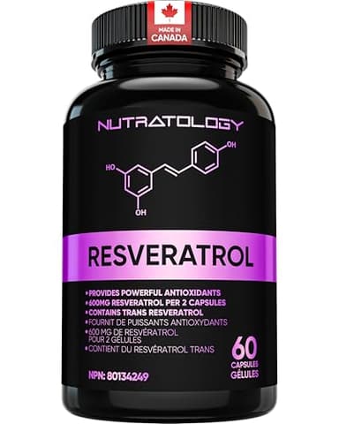 Nutratology Resveratrol Supplement | Canadian-Made | 600 mg per 2 Capsules | Antioxidant Support | Trans-Resveratrol | 60 Capsules