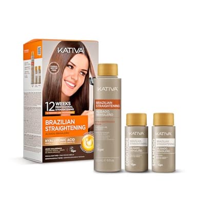 Kativa Brazilian Straightening Kit, 12 Weeks of Home Use Professional Straightening, with Organic Argan Oil, Shea Butter, Keratin & Amino Acids, for Straighter, Softer and Shinier Hair, All Hair Types