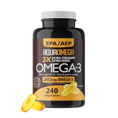 AQUAOMEGA 3X Extra Strength High EPA Fish Oil Omega 3 Supplements, Wild Caught Triple Strength Omega 3 Fish Oil Capsules with EPA, DHA and Vitamin D, Omega3 Supplements Made in Canada, 240 Softgels