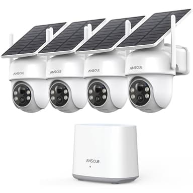 ANSQUE Solar Security Cameras Wireless Outdoor, 4-Cam Kit, No Monthly Fee, 2K Color Night Vision with Solar Panel, Local Storage, 360° View, Auto Tracking