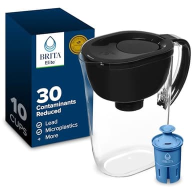 Brita 10 Cup Elite Filter Pitcher with Smart Light Indicator, Reduces 30+ Contaminants including Lead and Microplastics, Filter lasts 6 months, Tahoe, Black