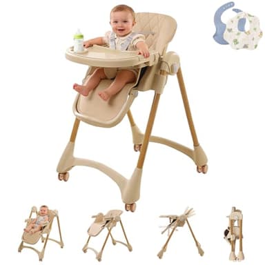 Convertible High Chairs for Babies and Toddlers, 6 in 1 Portable Baby High Chair with Wheels, 4-Position Adjustable Backrest Recline, 3-Way Removable Food Tray, 7-Level Height Adjustment, 180° Foot Rest, Easy to Clean, Cotton & Silicone Baby Bibs, Infant to Toddler High Chair