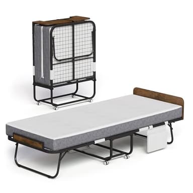 Folding Bed with Mattress, 75" x 31" Rollaway Guest Bed, Portable Foldable Bed with Memory Foam, Cot Size Bed with Fabric Storage Bag Metal Frame & Wheels (Grey, 75'' x 31'')
