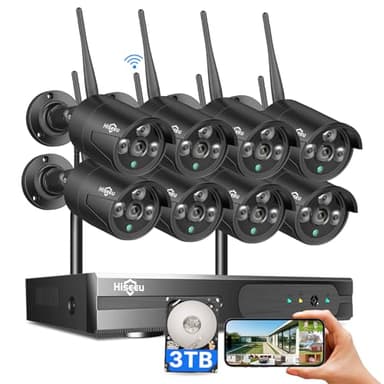 Hiseeu Wireless Security Camera Outdoor, 16CH 5MP WiFi Pro 8-Camera Kit, Wireless Security Camera System, Black Home Safety System, Need Plug-in,Motion, IP66, 3TB Storage, No Monthly Fees