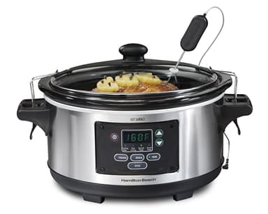 Hamilton Beach Portable 6 Quart Set & Forget Digital Programmable Slow Cooker with Lid Lock, Temperature Probe, Dishwasher Safe Crock & Lid, Stainless Steel (33969AG)
