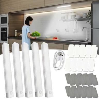 5/10-Pack Punch-Free Smart Sensor Magnetic Rechargeable LED Lights with 20/40 Adhesive Pads -3 Color Motion-Activated Night Light for Kitchen, Cabinet, Fridge (5, 20CM/7.9IN)