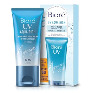 Bioré UV Aqua Rich Weightless Moisturizer with SPF 50 | Dermatologist Tested Face Cream with Invisible UV Protection | 50mL | Made in Canada