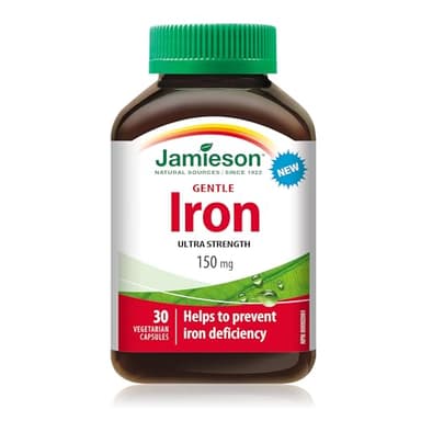 Jamieson Ultra Strength Iron 150 mg, Helps Prevents Iron Deficiency, and Gentle on the Stomach. Non-GMO, Gluten-Free, No Artificial Colours, Flavours, or Preservatives, 150 Vegetarian Capsules