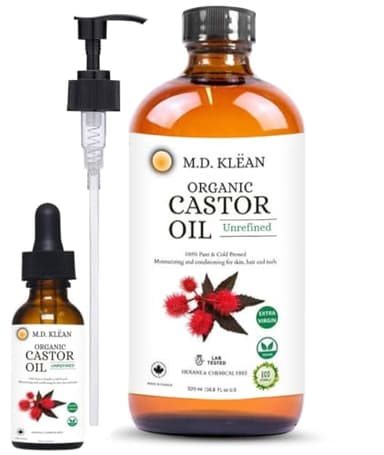 M.D. KLEAN Castor Oil - Cold Pressed, Unrefined (560 ml) Amber Glass Bottles | BPA Free Pump inc | Hexane Free| Lab Tested, Skin Moisturizer, Enhance Collagen | Holiday Gift