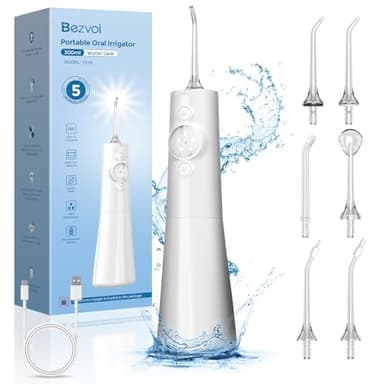 Bezvoi Water Flosser Cordless for Teeth Cleaning: LED Display 5 Modes Oral Irrigator, 300ML Tank Rechargeable IPX7 Waterproof Water Floss with 6 Jet Tips for Home Travel (White)