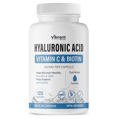 Ultra High Purity Hyaluronic Acid Supplement - 95%+ Highly Purified and Highly Bioavailable, 200mg Formula, Skin & Joint Health, With Vitamin C, Non-GMO Fermentation, Made In Canada, 120 Capsules