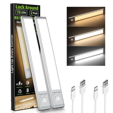 Under Cabinet Lights,1500mAh Rechargeable Closet Lights, 76 LED Operated Motion Sensor Light Indoor, Magnetic Under Counter Lights Wireless Dimmable for Kitchen, Stairs 2-Pack
