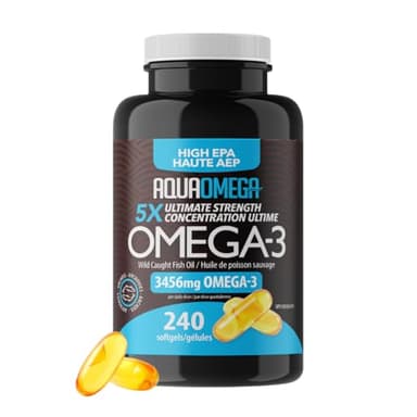 AQUAOMEGA 5x Ultimate Strength High EPA, No Fishy Aftertaste Omega 3 Supplements with DHA & Vitamin D, Fish Oil Omega 3 Fatty Acids for Women & Men, Wild Caught Omega3 Fish Oil, 240 Softgels