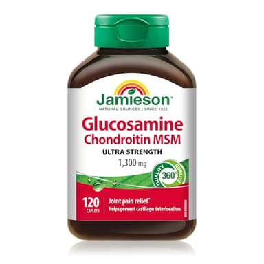 Jamieson Ultra Strength Glucosamine Chondroitin MSM 1300 mg, Provides Joint Pain Relief, Osteoarthritis Support, and Cartilage Deterioration Protection. Non-GMO, Gluten-Free, 120 Caplets, Proudly Canadian