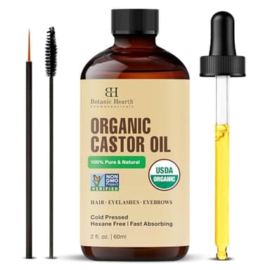 Botanic Hearth Organic Castor Oil for Hair, Scalp, Eyelashes & Eyebrows, Cold Pressed & Hexane Free, with Lash & Brow Brush, 2 fl oz
