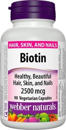 Webber Naturals Biotin, 2500 mcg of Biotin Per Capsule, 90 Capsules, Supports Healthy Hair, Skin & Nails, Vegan