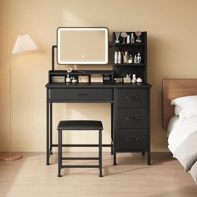 Vanity Desk with Mirror and Lights, Makeup Vanity Desk with 4 Fabric Drawers & Storage Shelves & Chair, 3 Color Modes & Adjustable Brightness, Black Vanity, Vanity Set, Bedroom Furniture