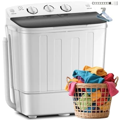 Portable Twin Tub 18lbs Washing Machine with Drying Rack and 10 Hangers, 11lbs Washer Mini Compact Laundry Machine with 7lbs Spinner, Semi-automatic Washer Combo for Dorms, Apartment