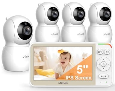 VTimes Baby Monitor with 4 Cameras, 5'' Screen Video Baby Monitor No WiFi, Remote Pan-Tilt-Zoom VOX, Two-Way Talk, Infrared Night Vision, Temperature Display, Alarm 8 Lullabies 1000ft