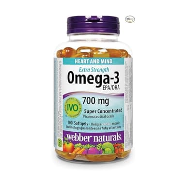 Webber Naturals Omega-3 700 mg Extra Strength, 100 Clear Enteric No Fishy Aftertaste Softgels, Supports Cardiovascular Health and Brain Function