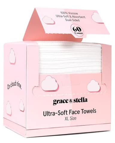 grace & stella Disposable Face Cloths - Ultra-Soft & Absorbent Face Towels - XL Makeup Wipes for Cleansing & Makeup Removal - Thick & Lint-Free Facial Tissue - Vegan, Plant-Based (60 Count)