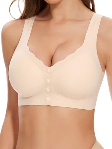 Angelhood Wireless Front Closure Bras for Women Full Coverage - Comfort Seamless Bra with Jelly Support, Soft Padded Supportive Bralette for Women, Beige(L)