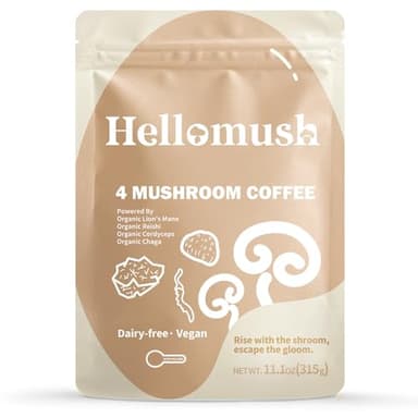 Hellomush Organic Instant Mushroom Coffee Alternative Substitute - Adaptogen Drink with Lion's Mane, Chaga, Reish and Cordyceps