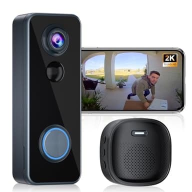 Doorbell Camera Wireless, Head-to-Toe Video, 2K HD Live View, Two-Way Talk,Smart Video Doorbell with Chime,no Subscription,Battery Powered,Motion Detection &Alerts,Works with Alexa &Google(2.4G WiFi)