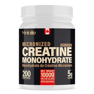 MetaLife 100% Pure Creatine Monohydrate Powder, Canada-Made, 1000 g (200 Servings) Micronized Powder, For Muscle Growth, Strength & Performance, No Additives, Unflavored, Ideal for Athletes & Fitness Enthusiasts, Third party lab tested, Vegan, Non-GMO, Gluten Free, Soy Free, Clean & Pure, Improved Performance and Recovery for Men and Women