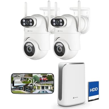 Home Security Camera System Wireless, Dual Lens 2K Security Cameras Wireless Outdoor, 2-Cam Kit, 2.4/5GHz WiFi, 360° PTZ, Auto Tracking, Motion Detection, Night Vision, 10CH NVR with 500GB HDD