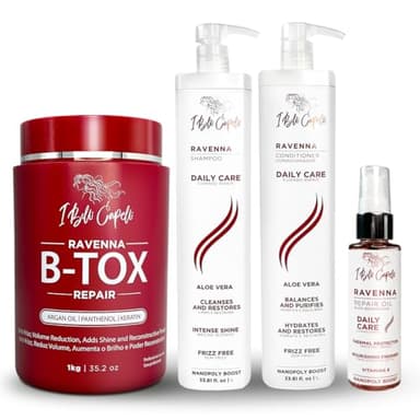 I Belli Capelli Ravenna Hair Straightening Kit – Repair Hair B-tox, Aloe Vera Shampoo & Conditioner, Repair Oil – Intense Hydration, Shine – Formaldehyde-Free – For All Hair Types (4-Pack)