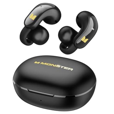 Monster AC228 Open Ear Headphones, Bluetooth 6.0 Clip-On Earbuds, Adaptive Comfort, IPX5 Water Resistant Open Ear Earbuds, 30H Playtime - Black
