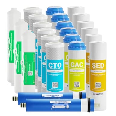 Max Water Reverse Osmosis System Replacement Filter Set – 23 Water Filters with 100 GPD RO Membrane, GAC, CTO, Sediment & Inline Coconut Carbon Filters – 10" Water Filters (3-Year Supply)