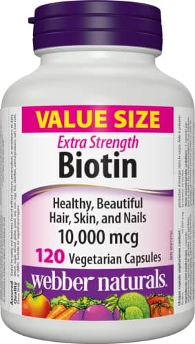 Webber Naturals Biotin Extra Strength, 10,000 mcg of Biotin Per Capsule, 120 Capsules, Supports Healthy Hair, Skin & Nails, Vegan
